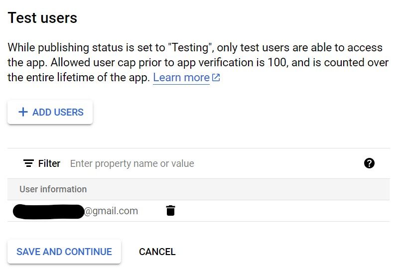 Google Cloud Platform interface for adding test users to an app with limited access during testing.