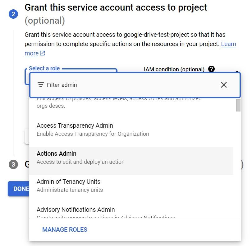 Dropdown menu for selecting a role in the Google Cloud Platform service account creation process, with the 'Actions Admin' option selected.